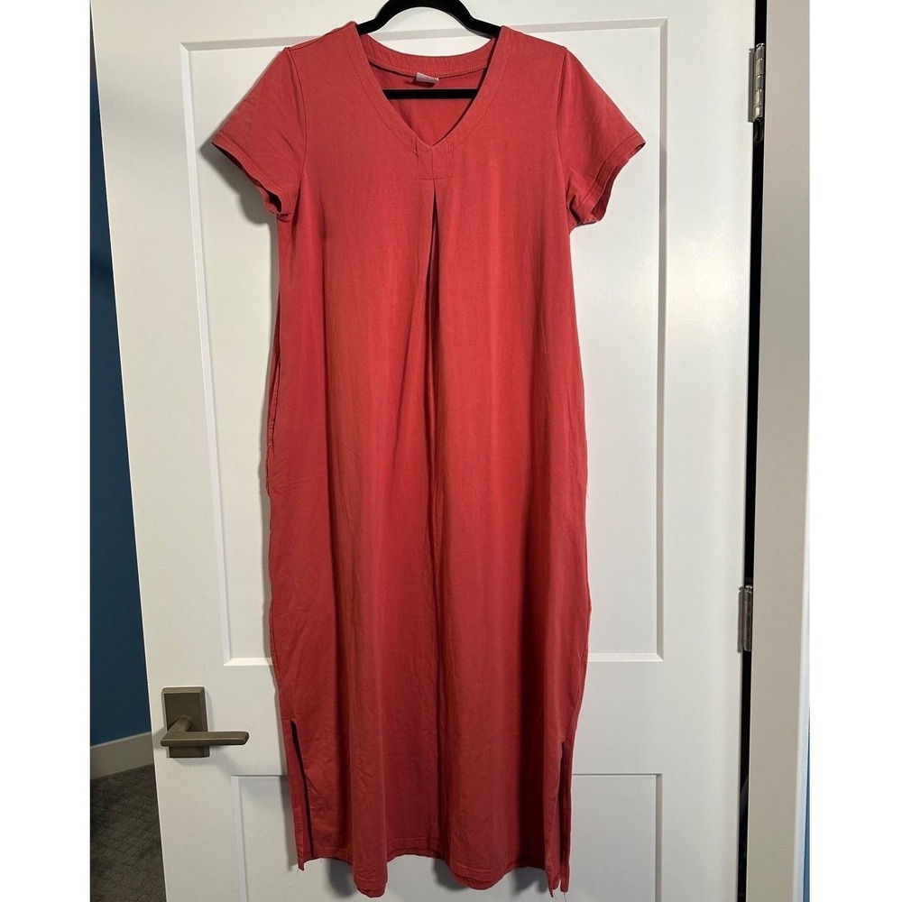 Lila Doe Coral Pink V-Neck Maxi Dress Short Sleeve Side Slits M